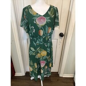 eShakti Green Midi Dress Vibrant Citrus VNeck Flutter Sleeves Smocked Waist 14W